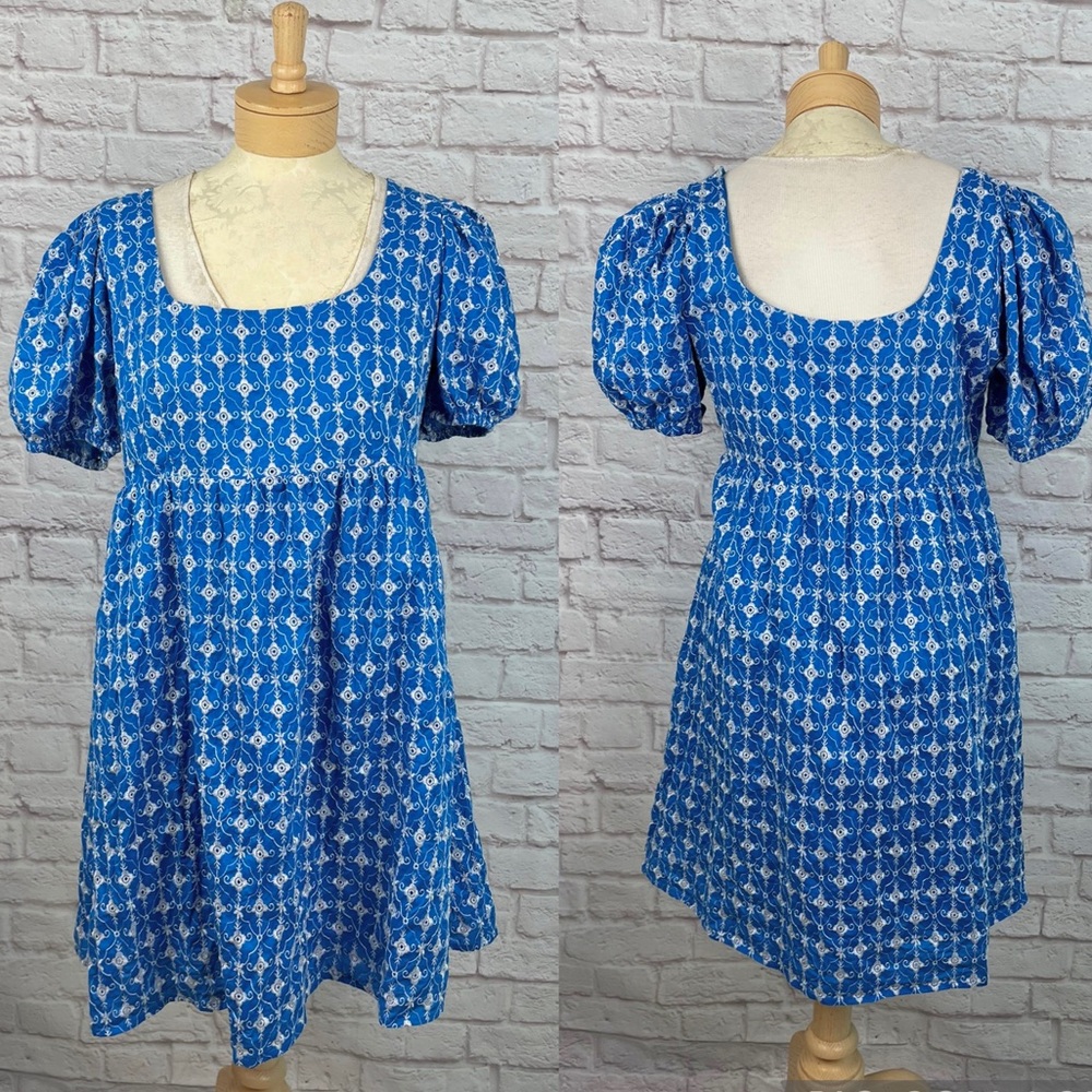 Rhode X‎ Target Eyelet Mini Blue Puff Sleeve Dress Size M